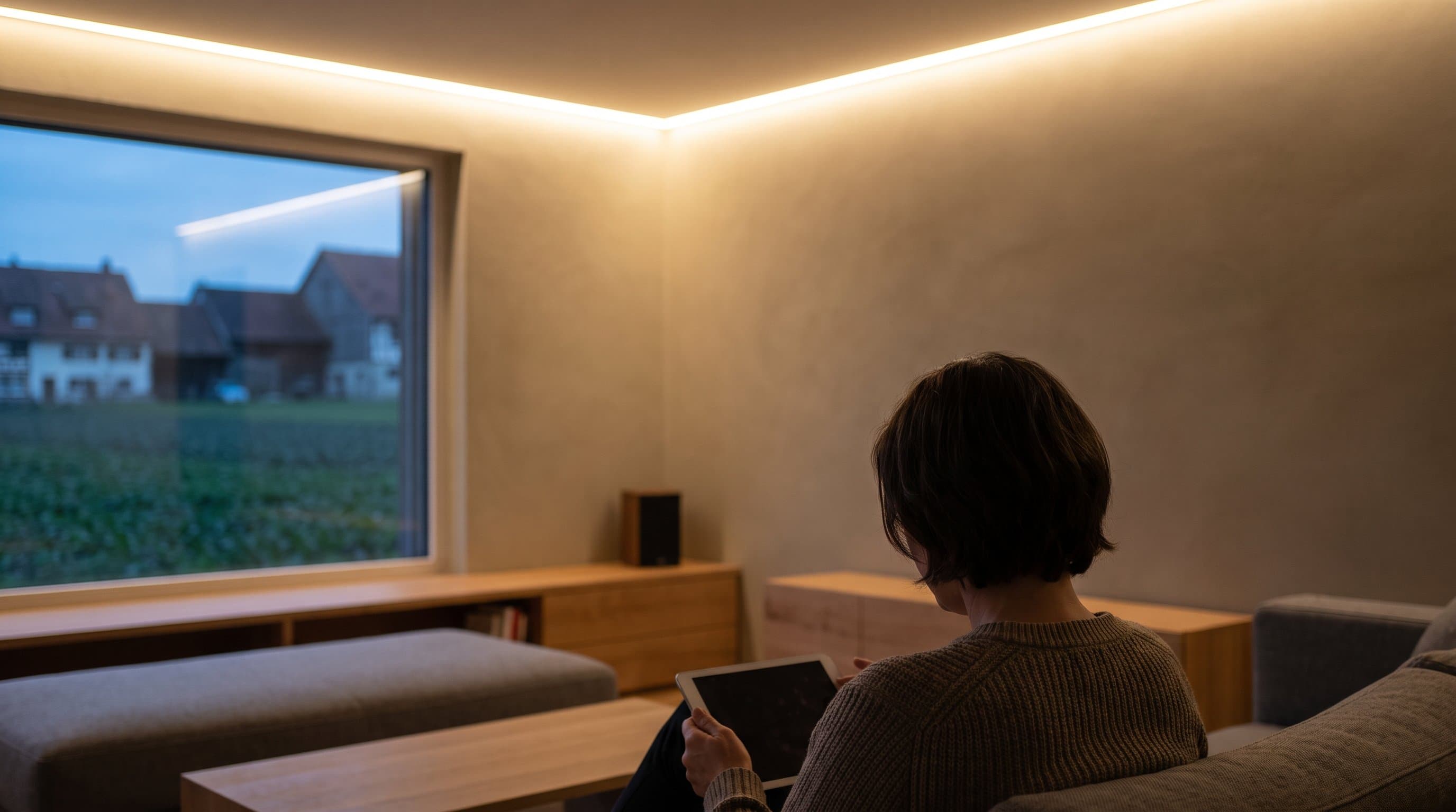 Ein modernes Wohnzimmer am Abend mit eingeschalteter indirekter Beleuchtung