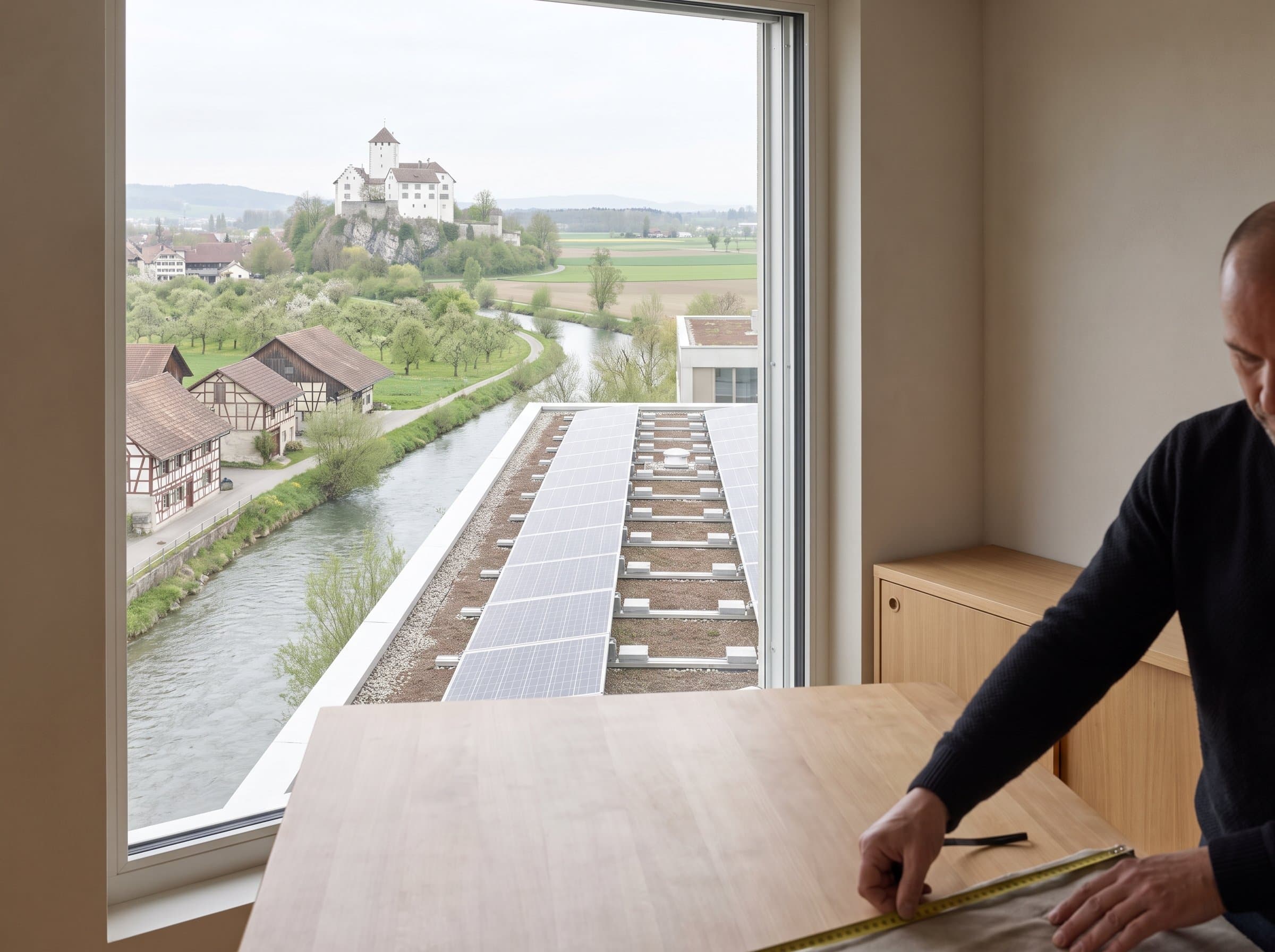 Eine Reihe Solarmodule auf einem modernen Flachdach