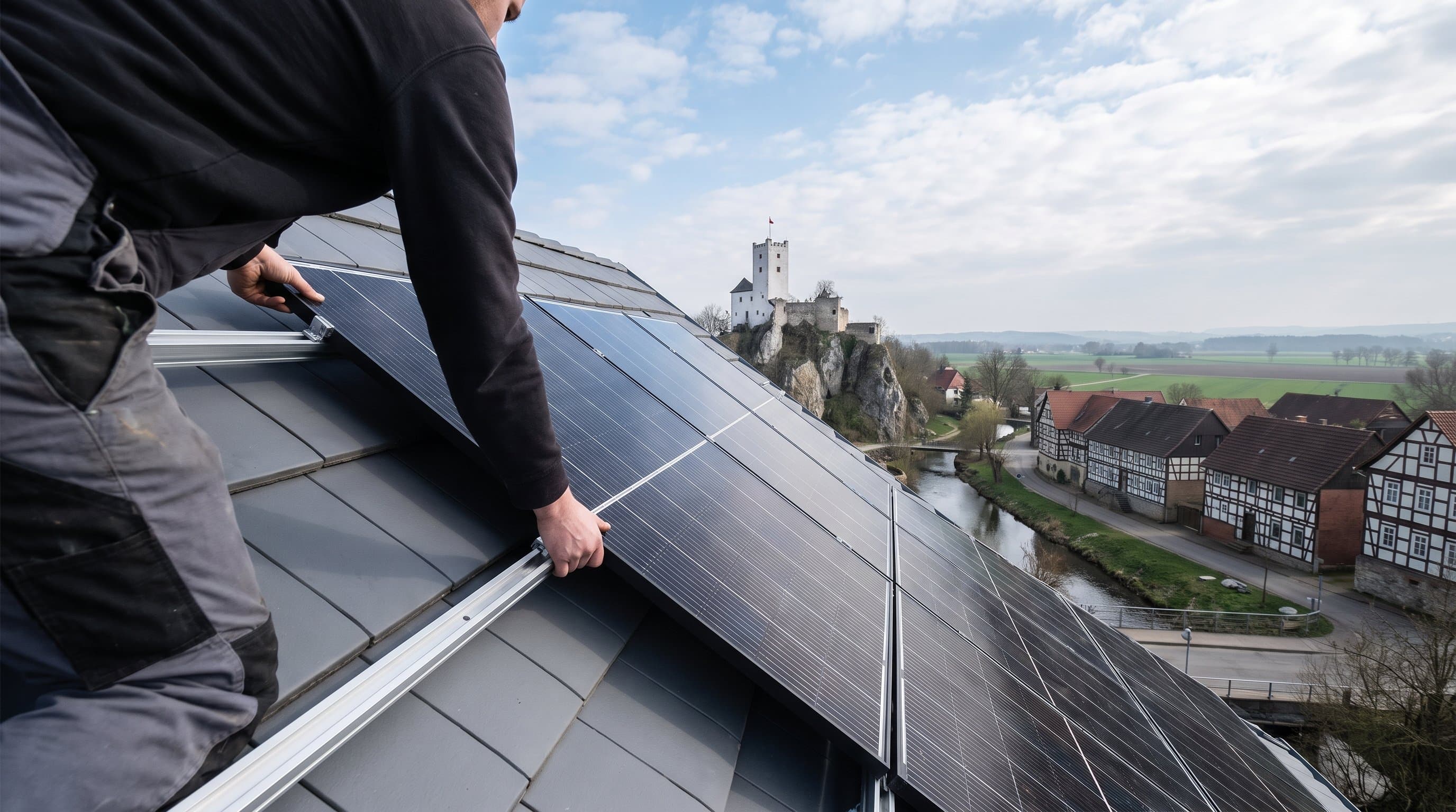 Auf dem Dach wird ein Solarmodul auf der Schiene ausgerichtet